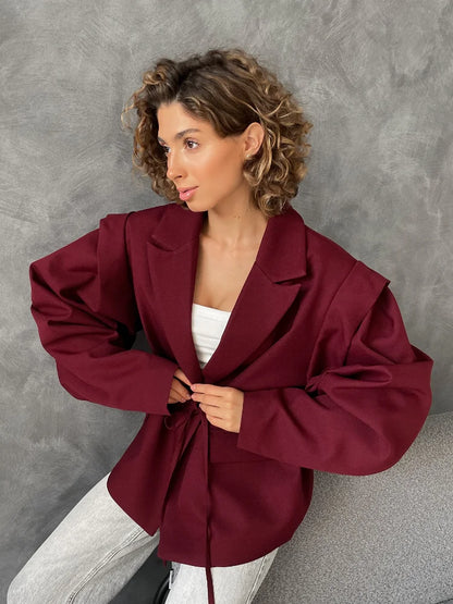 SOLID LACE UP LAPEL JACKET