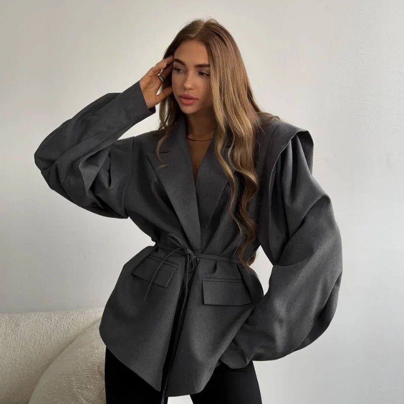 SOLID LACE UP LAPEL JACKET